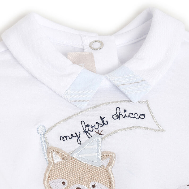 Boys White and Light Blue Applique Nappy Opening Babysuit image number 2